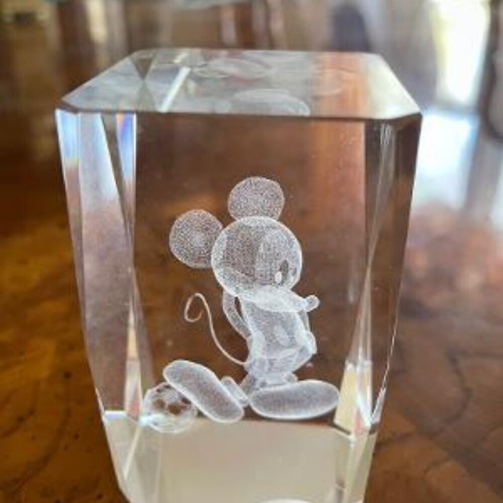 Laser Etched Disney Mickey Mouse with Soccer Ball Glass Cube. Y2K